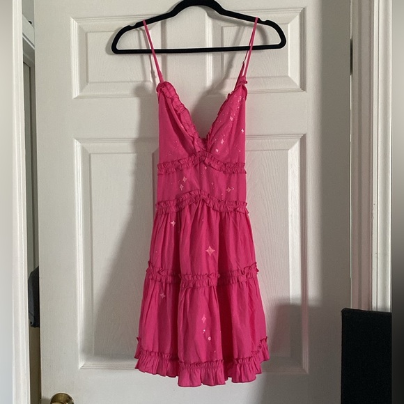 Custom Sequin Plunging Neck Mini Dress Ruffle Pink S - Picture 1 of 7